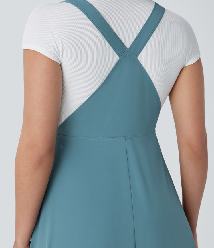 Classico™ - Robe midi décontractée et fluide à poches multiples, bretelles réglables et boutons