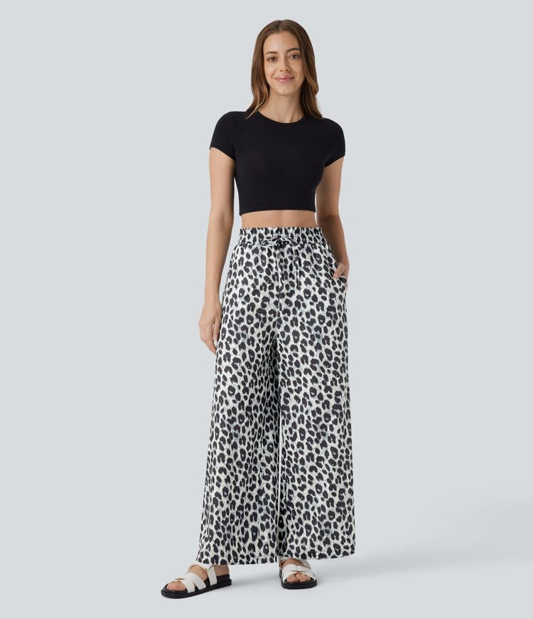 ColaComfort™ - Pantalon décontracté taille haute, poches latérales, cordon de serrage et imprimé léopard