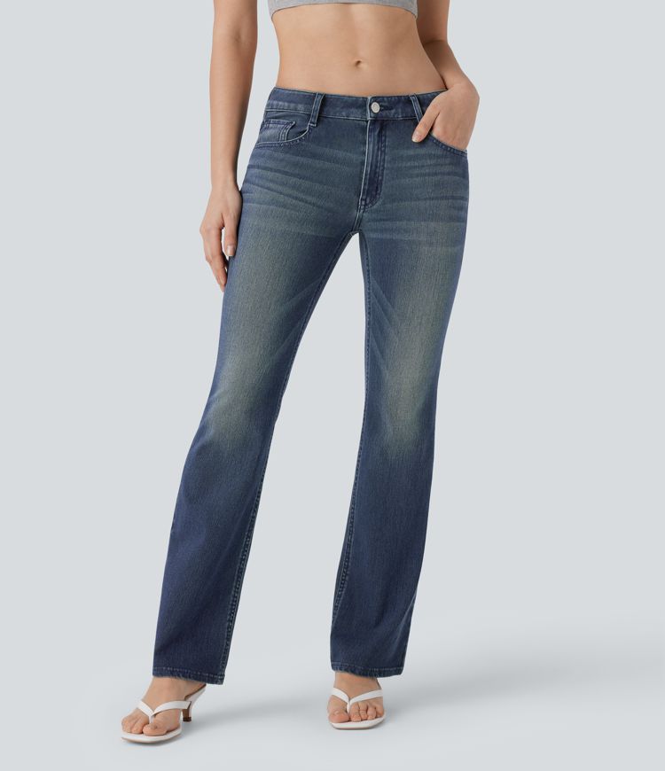 ColaFlex™ Denim Low - Jean évasé décontracté délavé en denim extensible, taille basse et poches multiples.