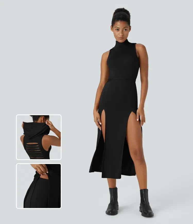 ColaZebra™ - Robe décontractée midi à capuche, sans manches et dos zébré