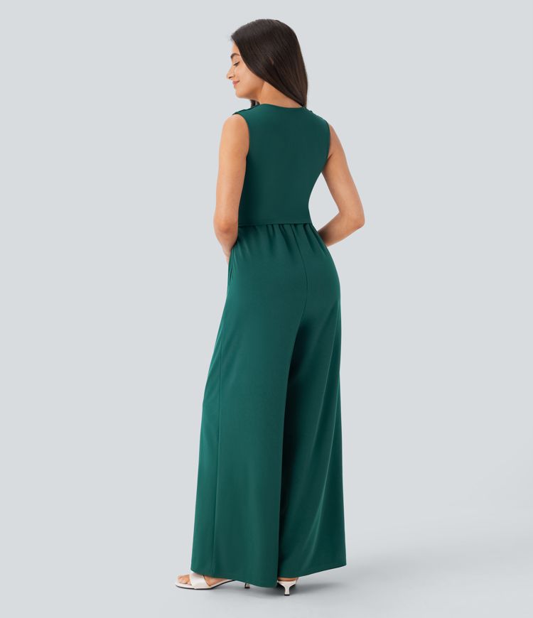 ColaSuit™ - Combinaison de soirée sans manches, col en V, poches latérales et zip invisible - Easy Peezy
