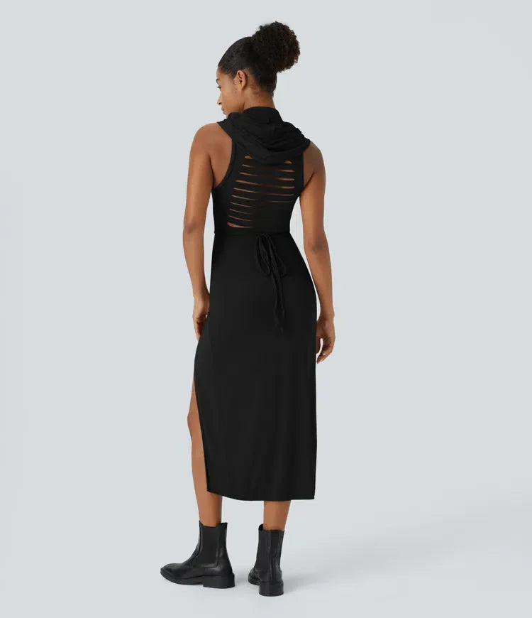 ColaZebra™ - Robe décontractée midi à capuche, sans manches et dos zébré