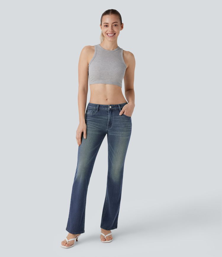 ColaFlex™ Denim Low - Jean évasé décontracté délavé en denim extensible, taille basse et poches multiples.