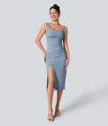 Robe midi décontractée ajustée avec fente, corset dos nu à décolleté carré et volants