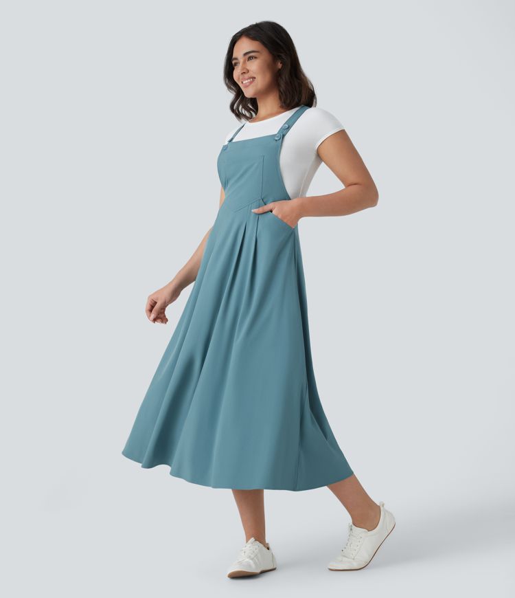 Classico™ - Robe midi décontractée et fluide à poches multiples, bretelles réglables et boutons
