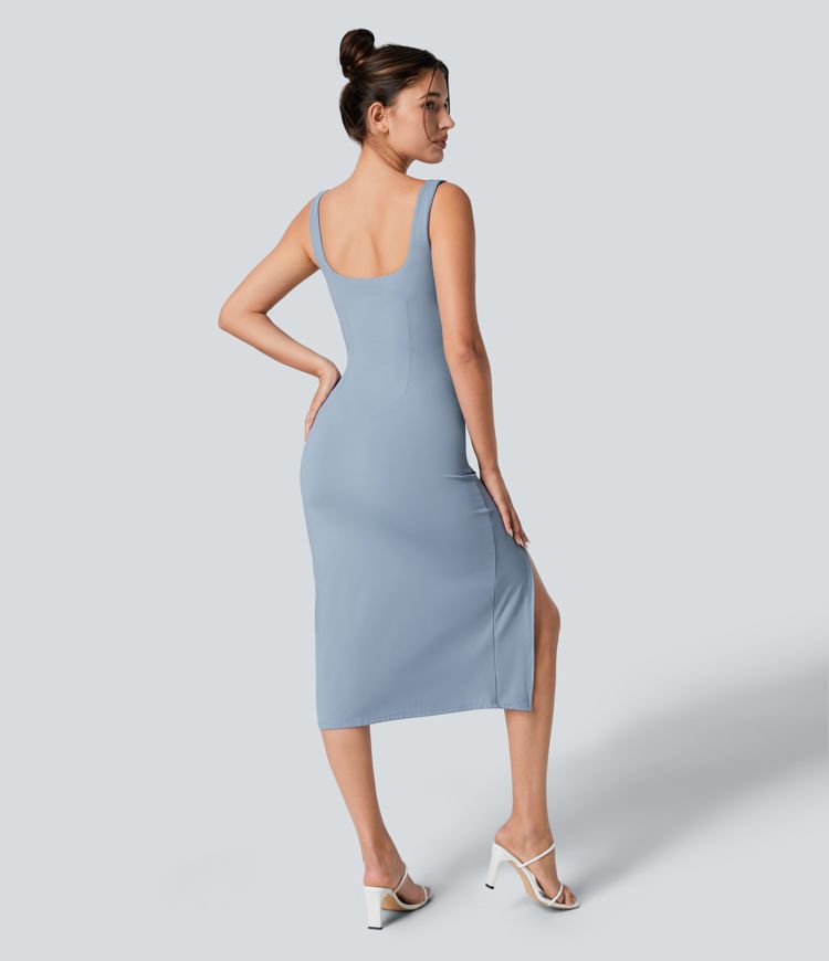 Robe midi décontractée ajustée avec fente, corset dos nu à décolleté carré et volants