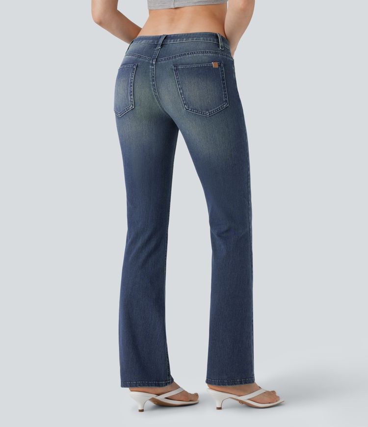 ColaFlex™ Denim Low - Jean évasé décontracté délavé en denim extensible, taille basse et poches multiples.