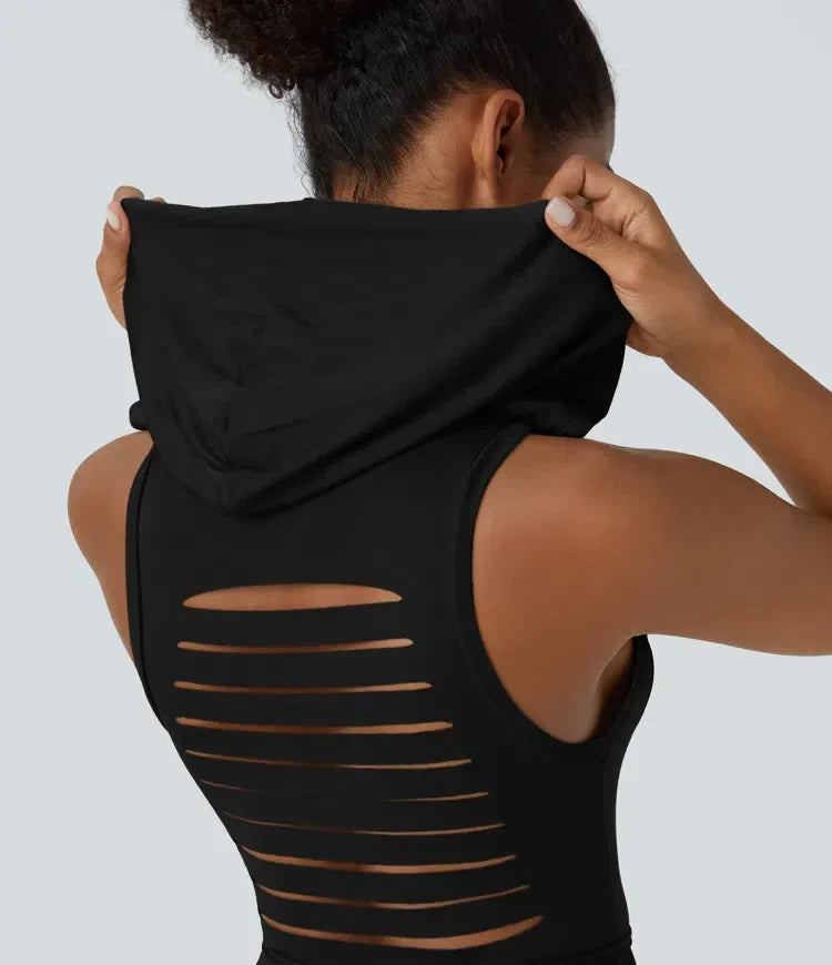 ColaZebra™ - Robe décontractée midi à capuche, sans manches et dos zébré