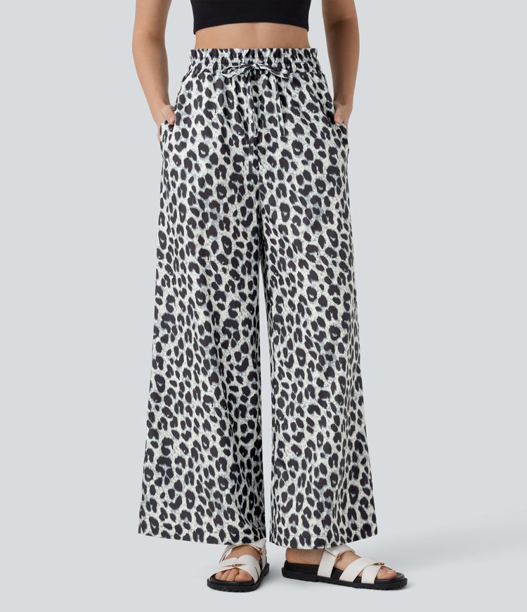 ColaComfort™ - Pantalon décontracté taille haute, poches latérales, cordon de serrage et imprimé léopard