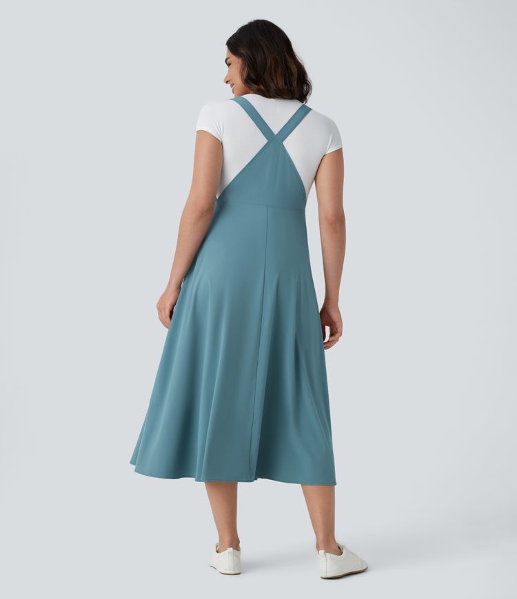 Classico™ - Robe midi décontractée et fluide à poches multiples, bretelles réglables et boutons