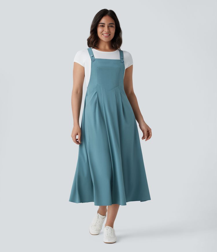 Classico™ - Robe midi décontractée et fluide à poches multiples, bretelles réglables et boutons