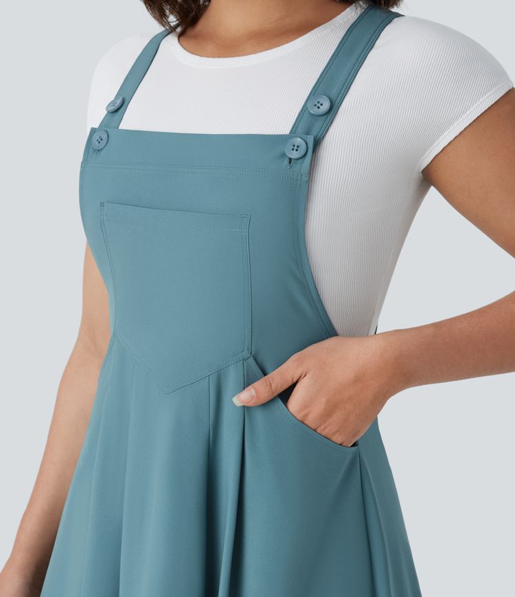 Classico™ - Robe midi décontractée et fluide à poches multiples, bretelles réglables et boutons