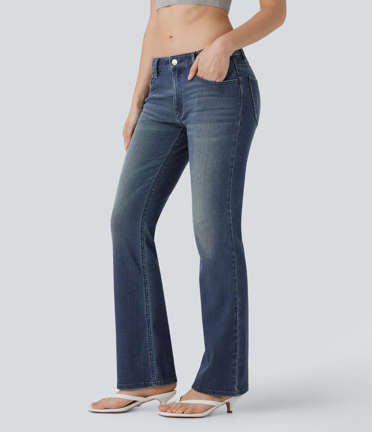 ColaFlex™ Denim Low - Jean évasé décontracté délavé en denim extensible, taille basse et poches multiples.