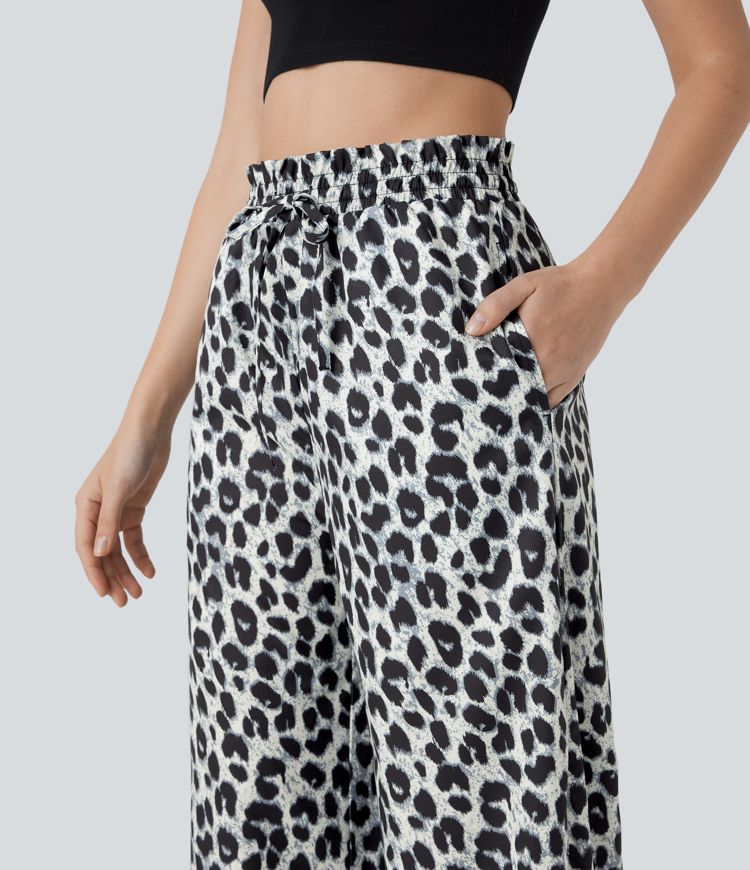 ColaComfort™ - Pantalon décontracté taille haute, poches latérales, cordon de serrage et imprimé léopard
