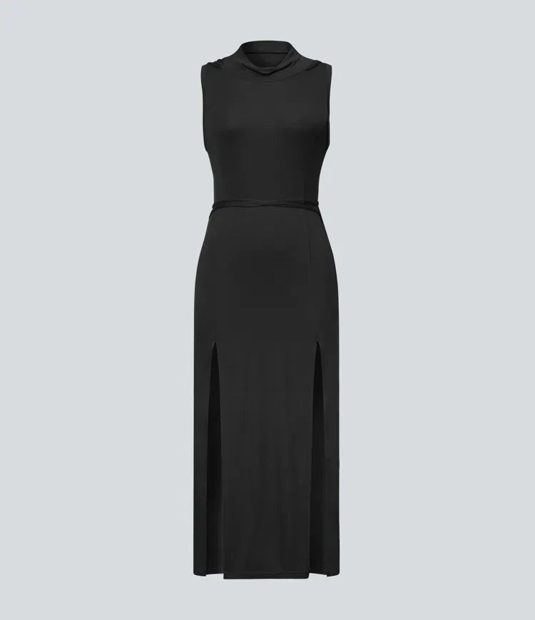 ColaZebra™ - Robe décontractée midi à capuche, sans manches et dos zébré