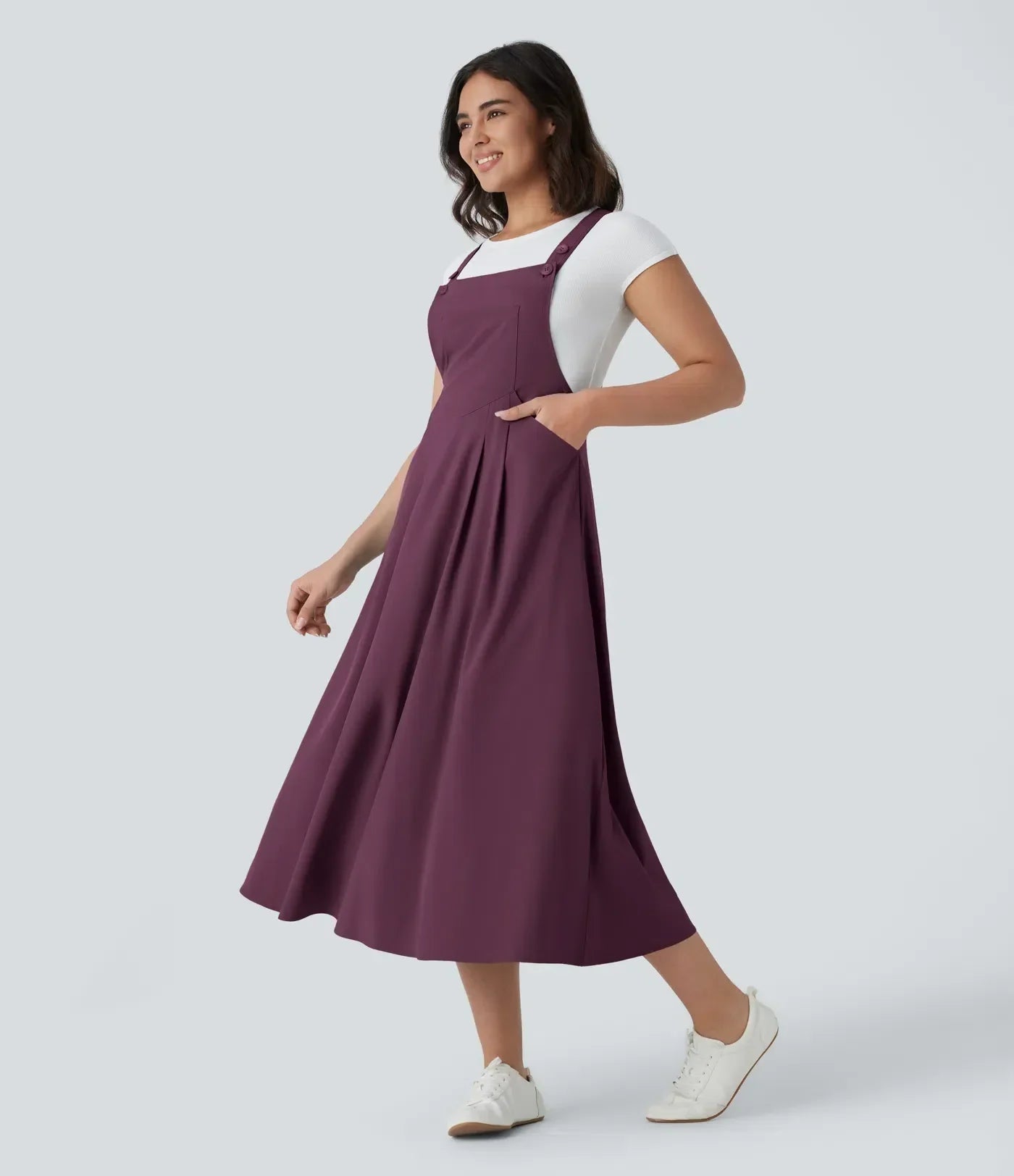 Classico™ - Robe midi décontractée et fluide à poches multiples, bretelles réglables et boutons