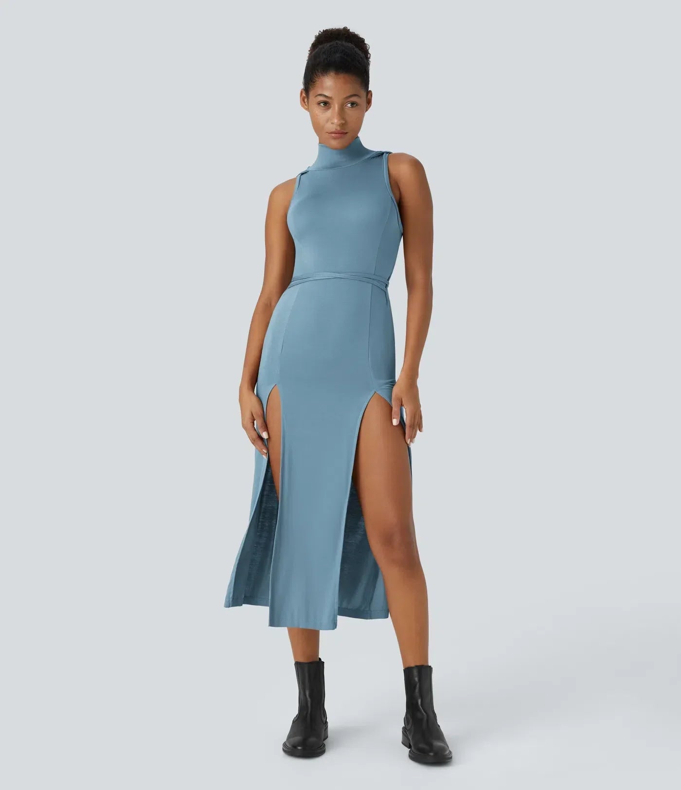 ColaZebra™ - Robe décontractée midi à capuche, sans manches et dos zébré