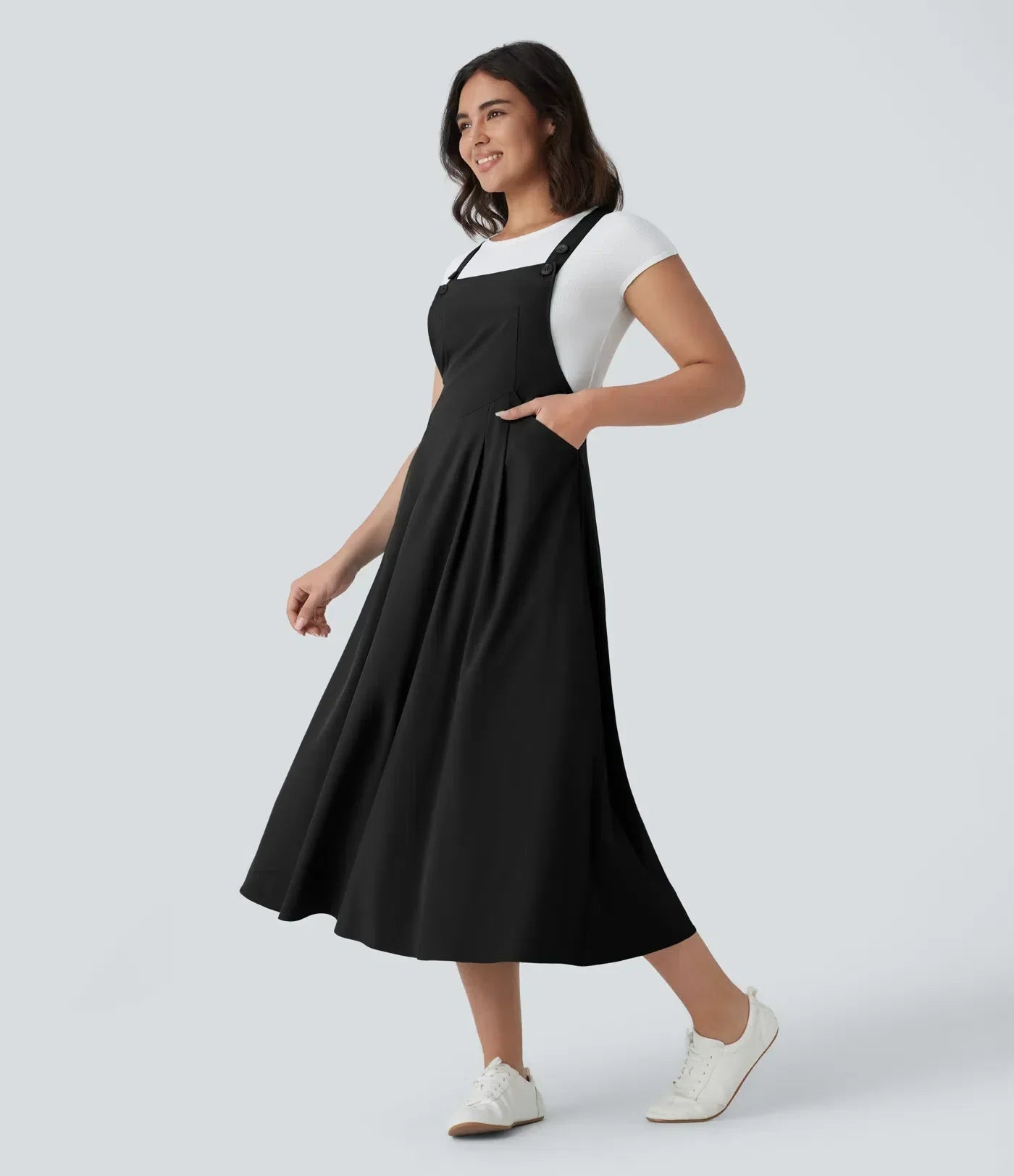 Classico™ - Robe midi décontractée et fluide à poches multiples, bretelles réglables et boutons