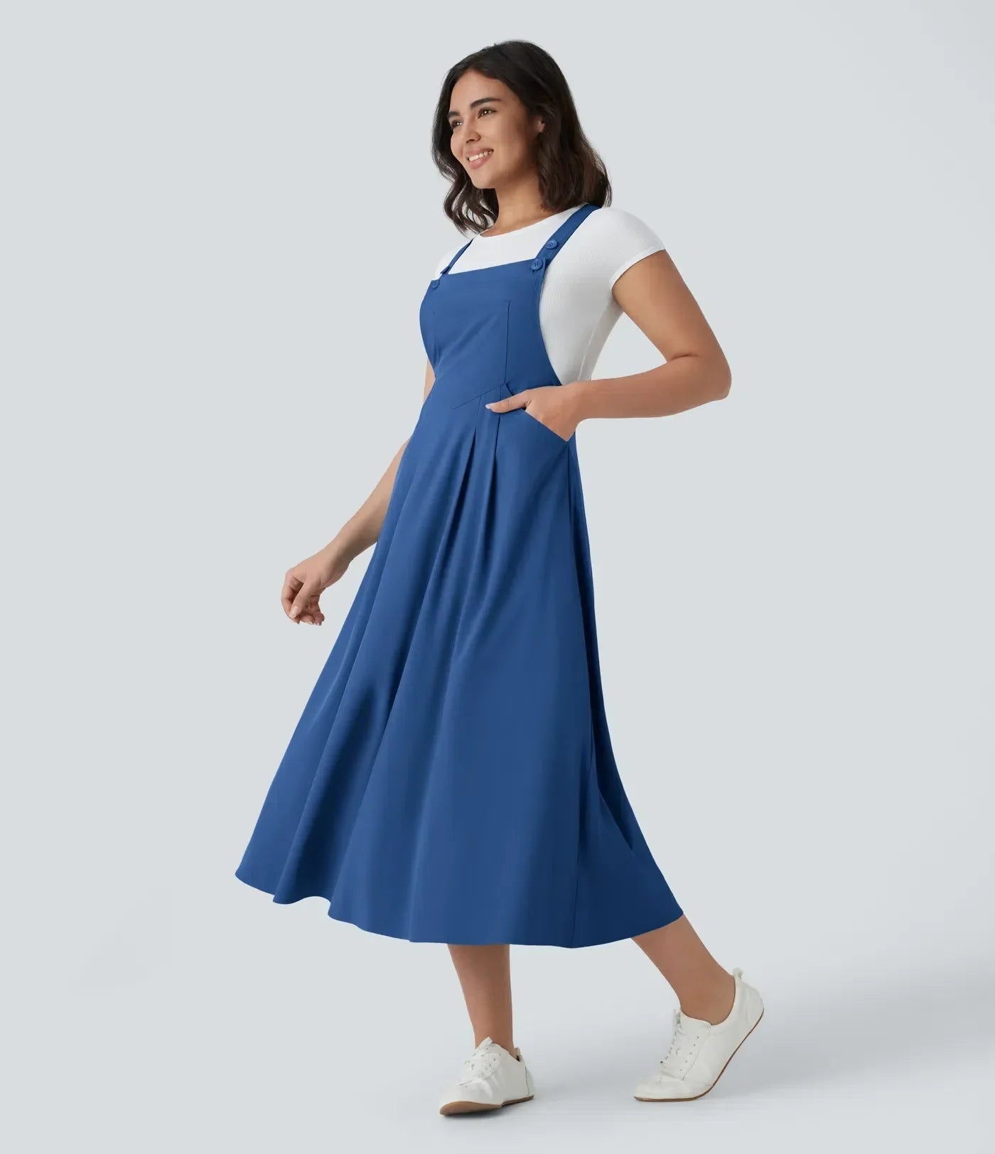 Classico™ - Robe midi décontractée et fluide à poches multiples, bretelles réglables et boutons