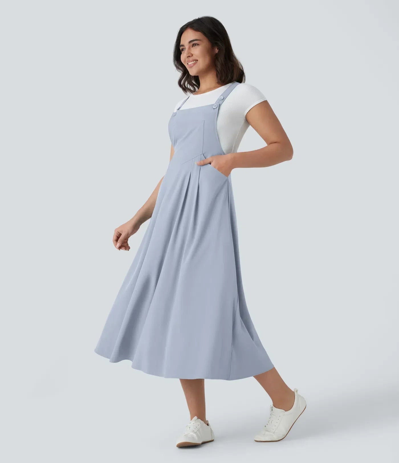 Classico™ - Robe midi décontractée et fluide à poches multiples, bretelles réglables et boutons