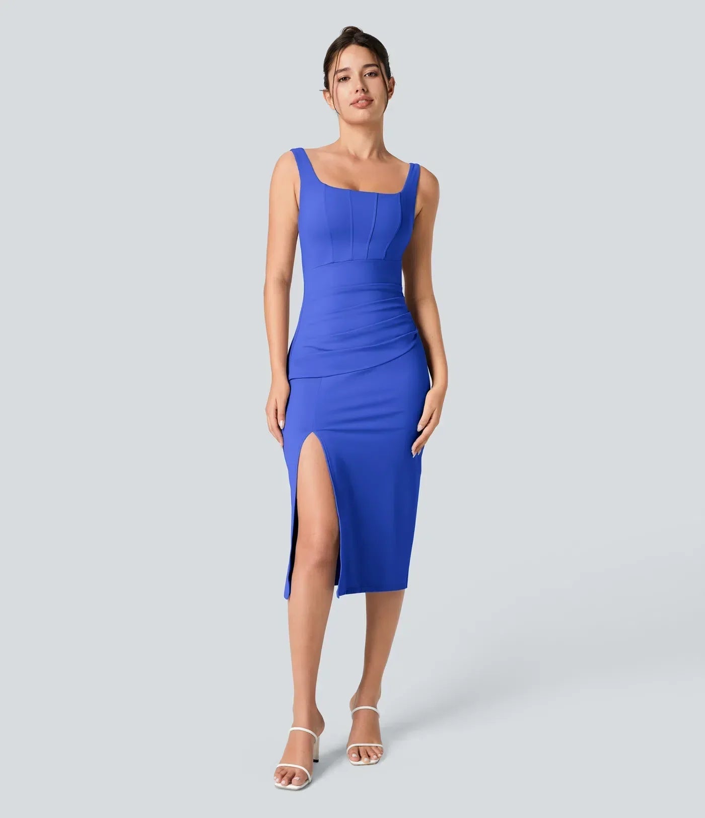 Robe midi décontractée ajustée avec fente, corset dos nu à décolleté carré et volants