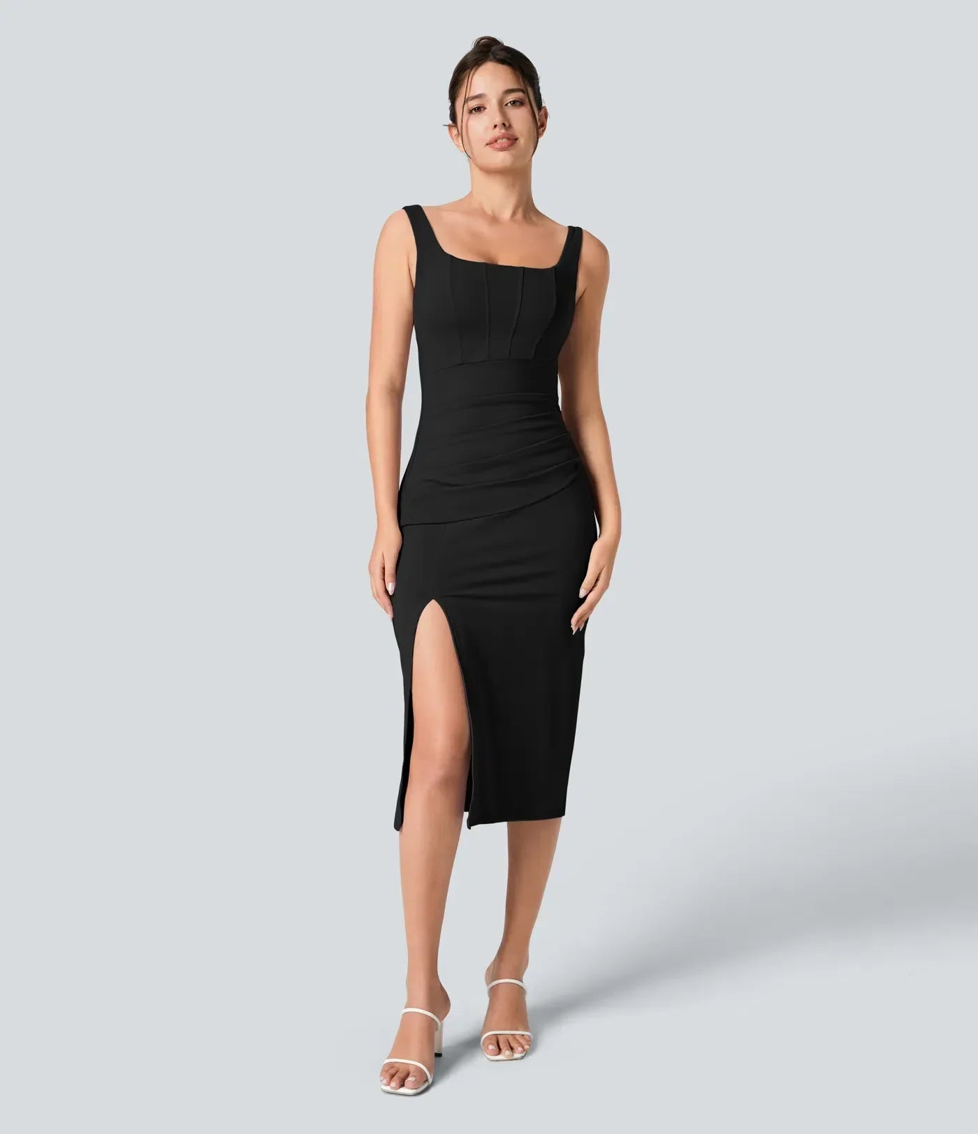 Robe midi décontractée ajustée avec fente, corset dos nu à décolleté carré et volants