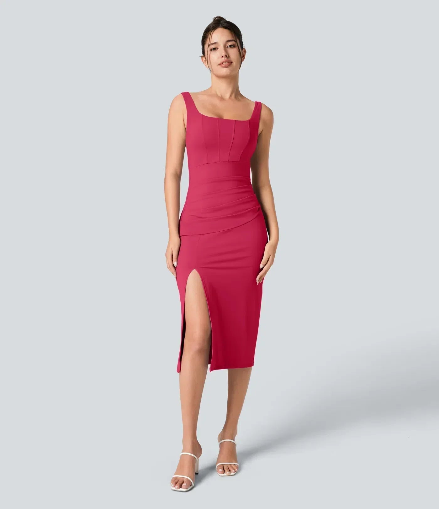 Robe midi décontractée ajustée avec fente, corset dos nu à décolleté carré et volants